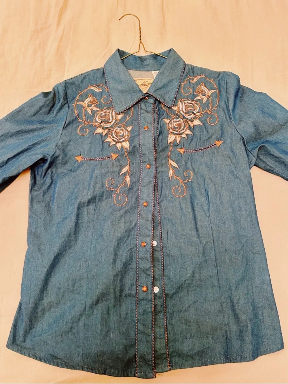 Embroidered Denim Button-Down Shirt - Blue